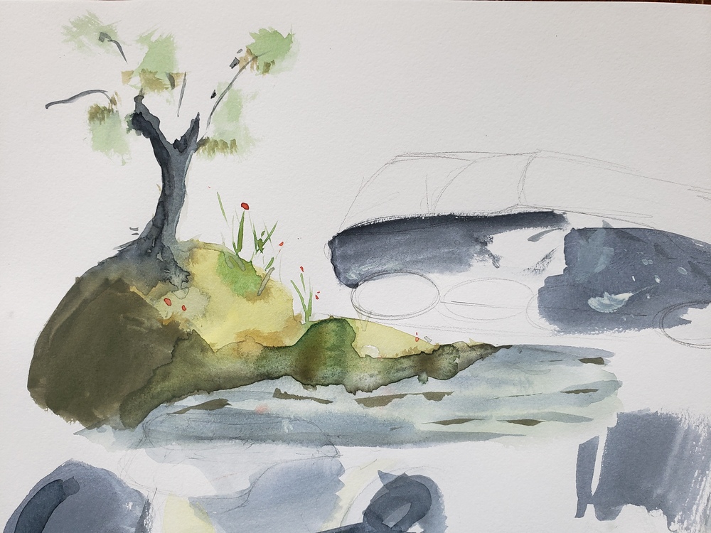 Landscape watercolor sketch surrounded by other failed tests.